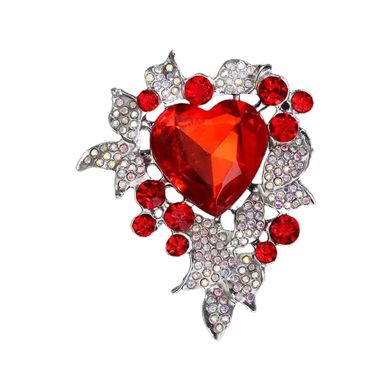 Faceted Heart with Floral Rhinestone Frame Brooch — Red