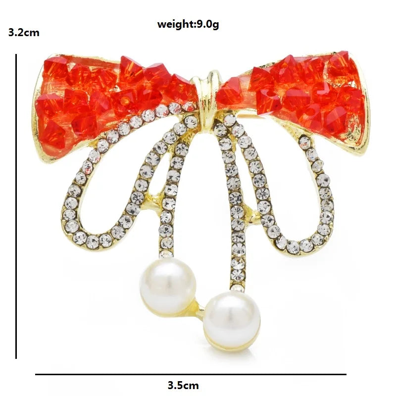 Jeweled Ribbon Bow with Twin Pearl-Look Drops Brooch dimensions and weight