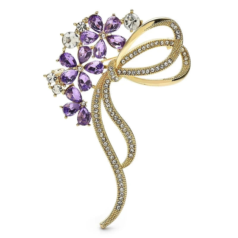 Crystal Flower Bouquet Bow Brooch — Purple