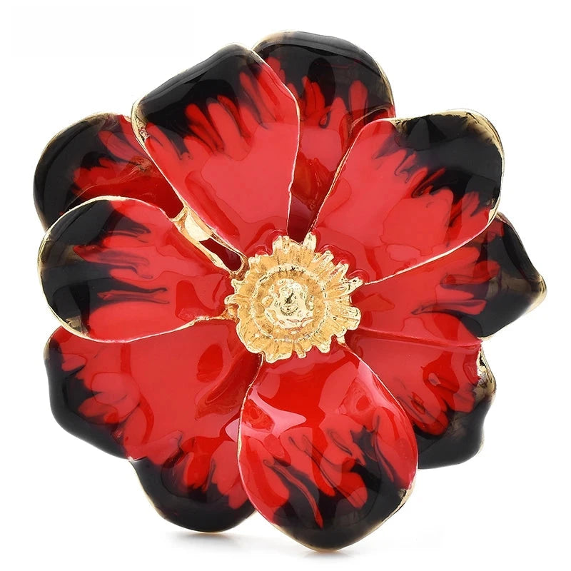 Layered Enamel Flower with Rhinestone Center Brooch — Red