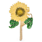 Enamel Sunflower on Leafy Stem Brooch — Yellow Sunflower