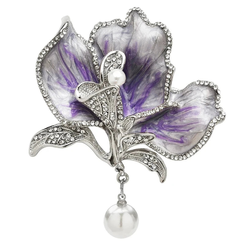 Purple Enamel Flower with Round Pearl-Look Drop Brooch — Purple Flower & Round Drop