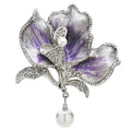 Purple Enamel Flower with Round Pearl-Look Drop Brooch — Purple Flower & Round Drop