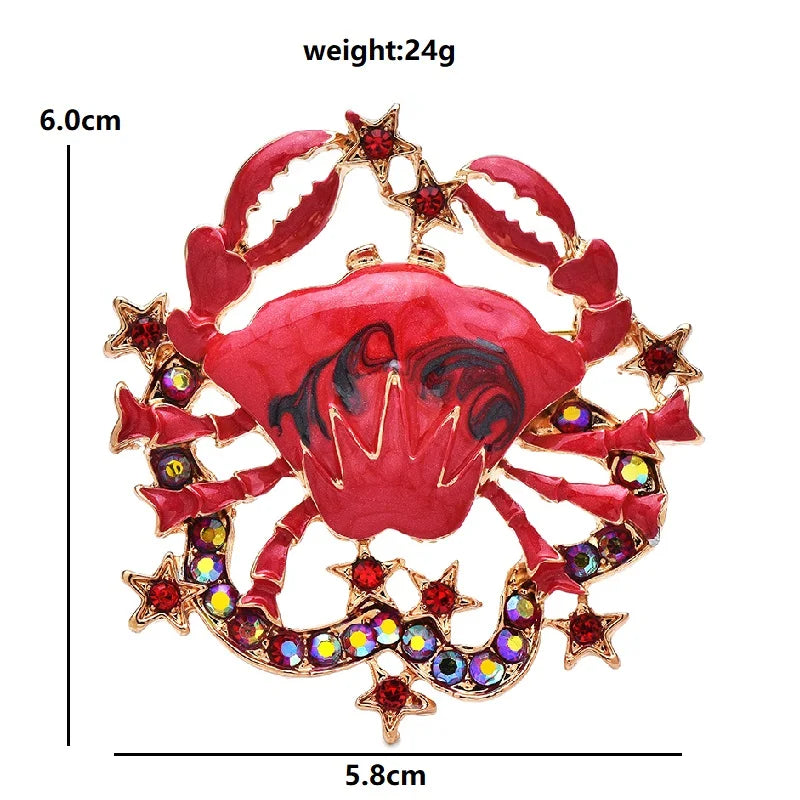 Red Enamel Crab with Jeweled Star Border Brooch — dimensions