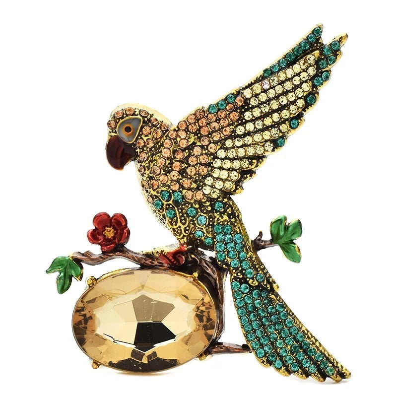 Jeweled Bird with Oval Faceted Stone Brooch — Champagne