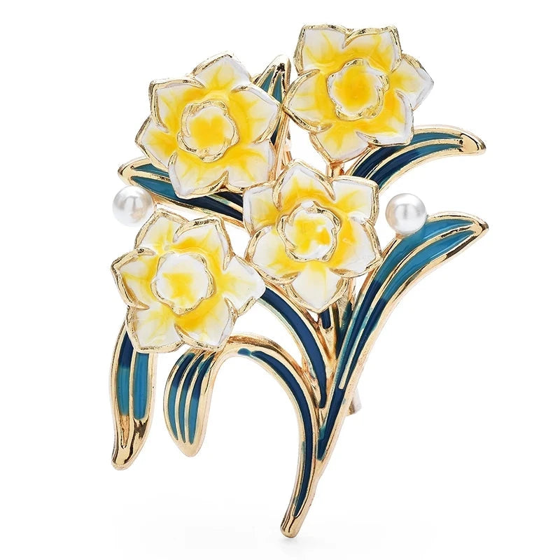 Enamel Peony Flower Spray Brooch — Yellow