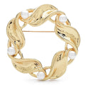 Circular Leaf Wreath with Pearl-Look Accents Brooch — Gold