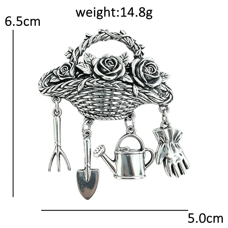 Rose Basket with Gardening Charms Brooch
