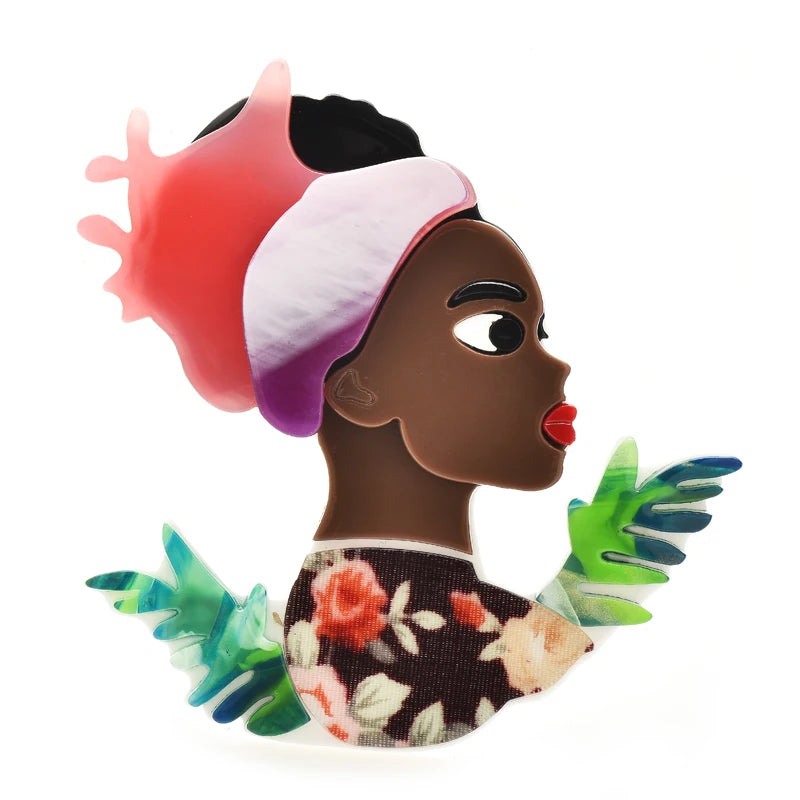 Acrylic Woman Portrait with Floral Outfit Brooch — Pink