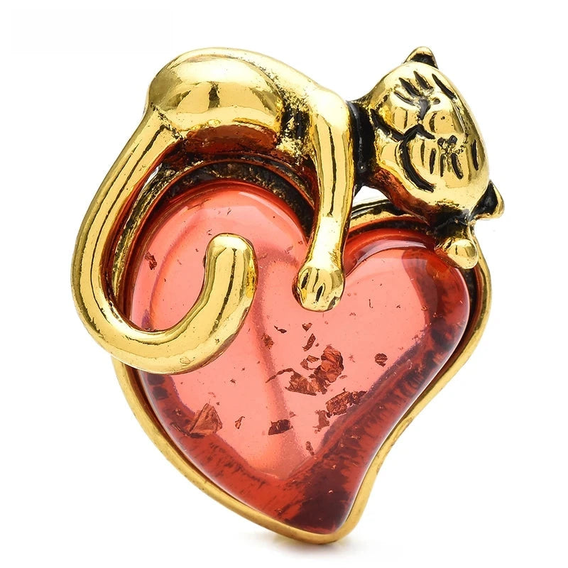 Cat Curled Around a Heart Brooch — Gold