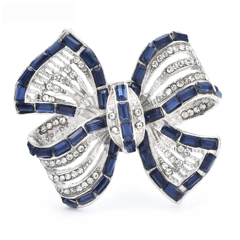 Blue and Clear Rhinestone Ribbon Bow Brooch — Blue & Clear Bow
