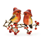 Enamel Bird Pair on a Berry Branch Brooch
