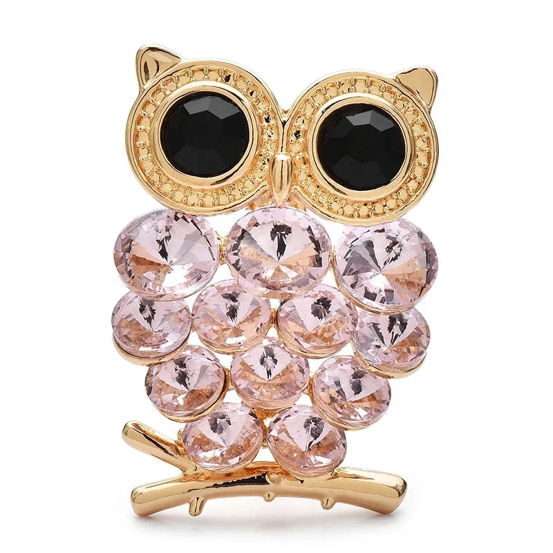 Jeweled Owl with Round Eyes Brooch — Pink