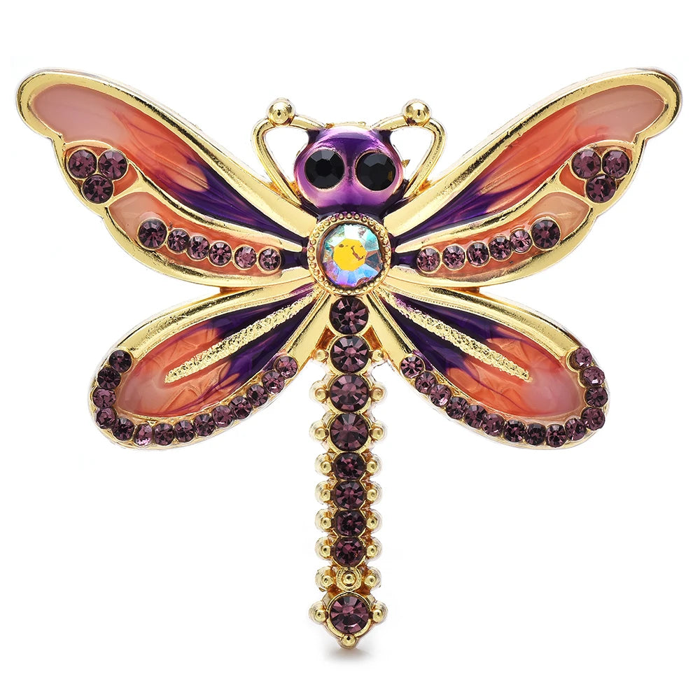 Colorful Enamel Dragonfly with Rhinestone Tail Brooch — Purple & Pink