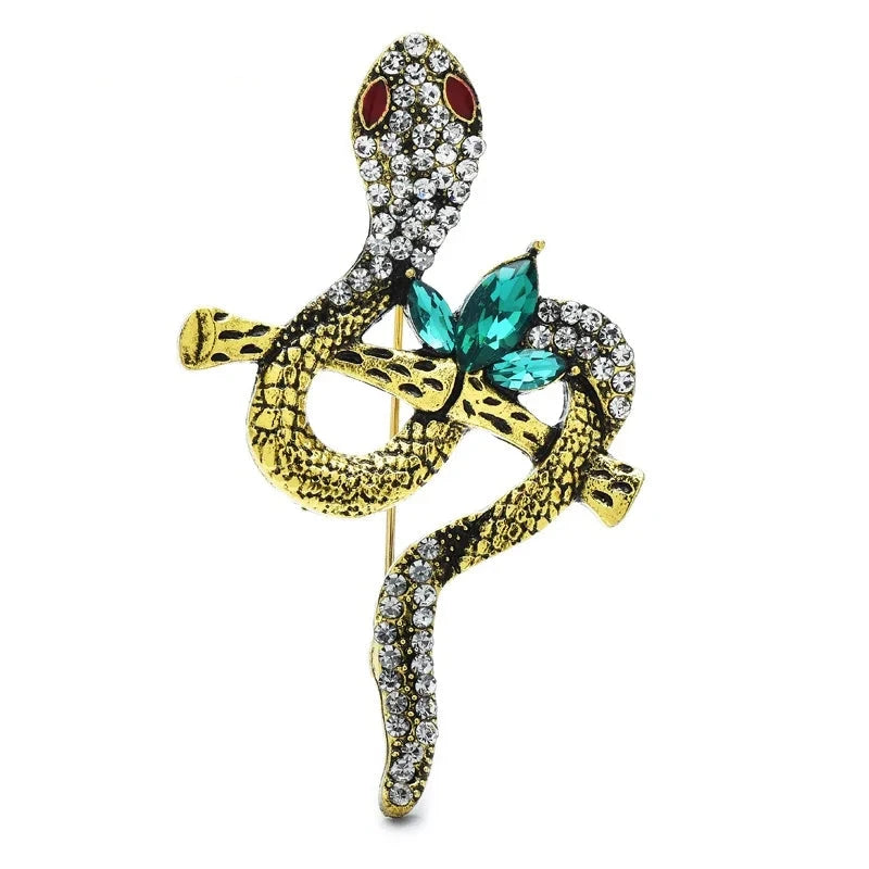 Jeweled Snake on Textured Branch Brooch — Gold