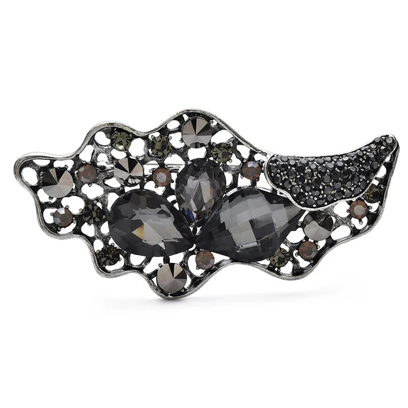 Vintage-Style Floral Scroll with Faceted Stones Brooch — Gray
