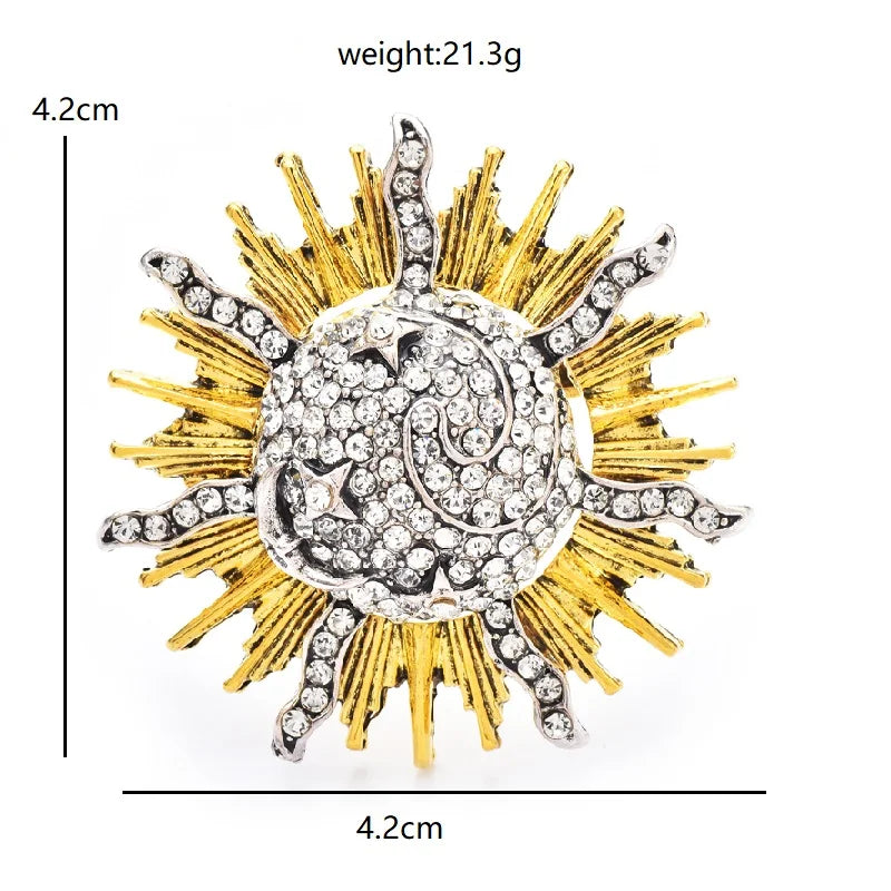 Radiant Sunburst with Rhinestone Center Brooch — dimensions