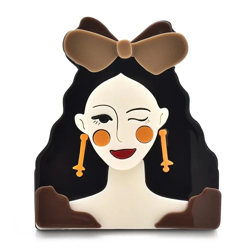Acrylic Winking Lady with Bow Brooch — Brown