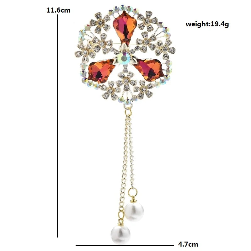 Ornate Faceted Flower with Pearl-Look Tassels Brooch — dimensions