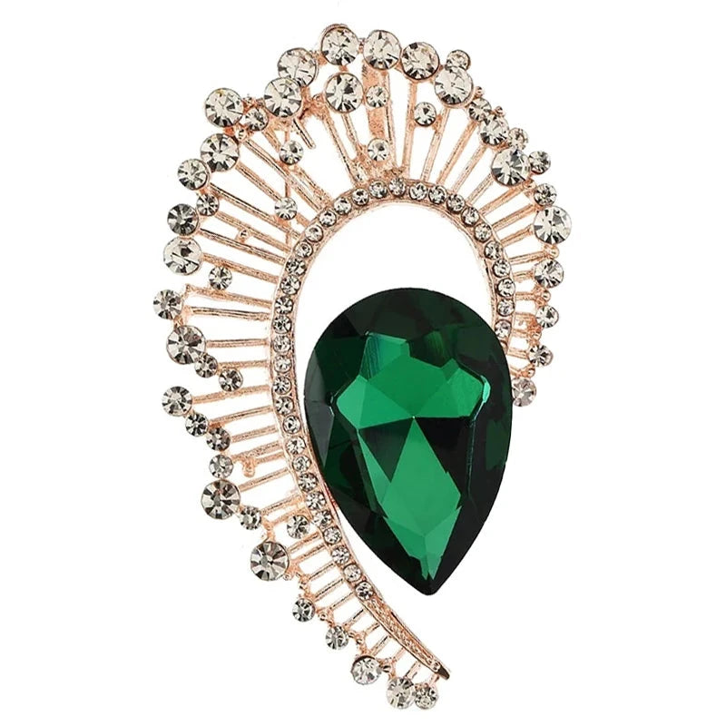 Faceted Teardrop with Baguette Halo Brooch — Green