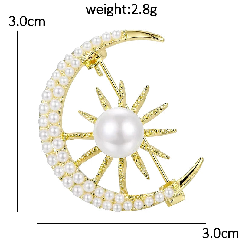 Pearl-Look Accent Sun and Crescent Moon Brooch