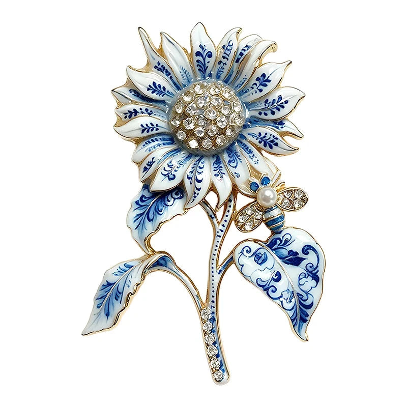 Blue and White Sunflower with Bee Brooch original white background variant photo
