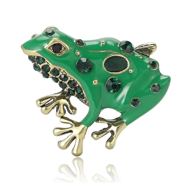 Green Enamel Frog with Dark Jeweled Spots Brooch — Green Spotted Frog