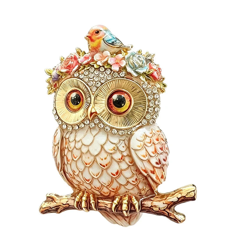 Floral Crown Owl with Little Bird Brooch original white background product photo