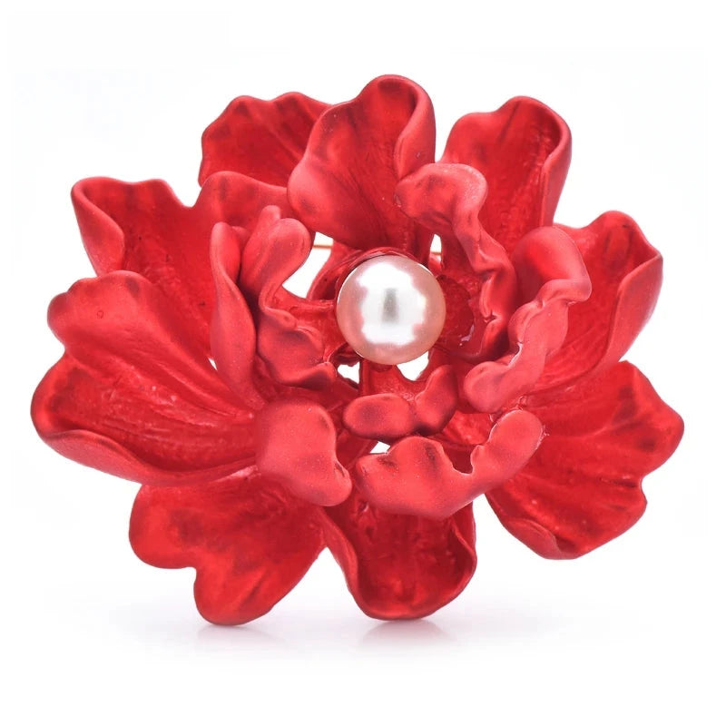 Red Enamel Peony with Pearl-Look Center Brooch — Red Peony
