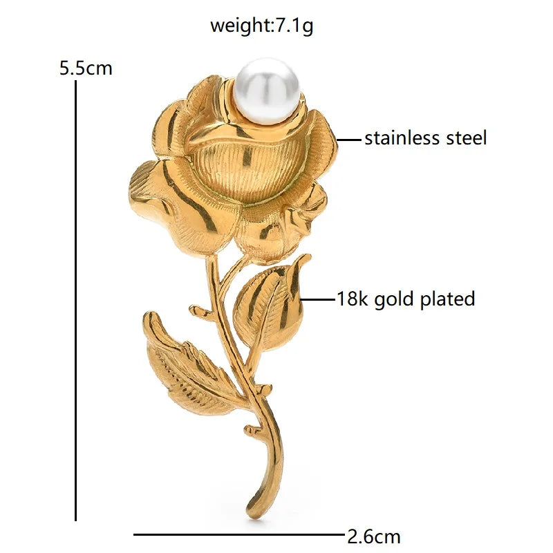 Metal Rose with Pearl-Look Center Brooch — dimensions