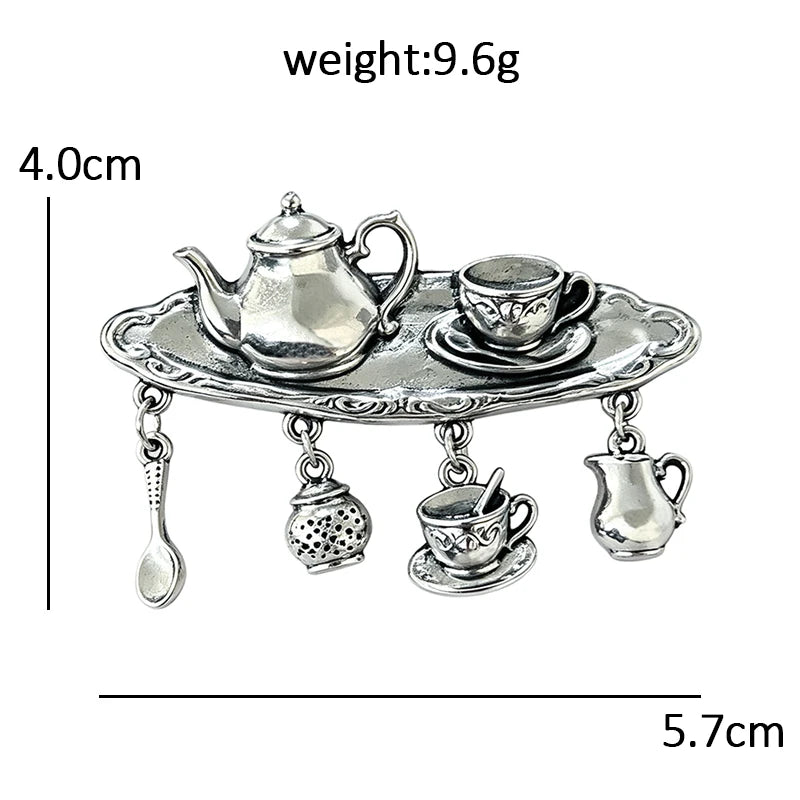 Vintage Tea Tray with Dangle Charms Brooch