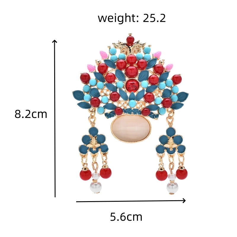 Ornate Floral Crown with Dangling Beads Brooch dimensions and weight
