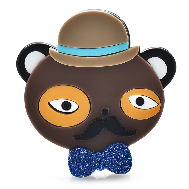 Acrylic Bear with Bowler Hat and Bow Tie Brooch — Brown