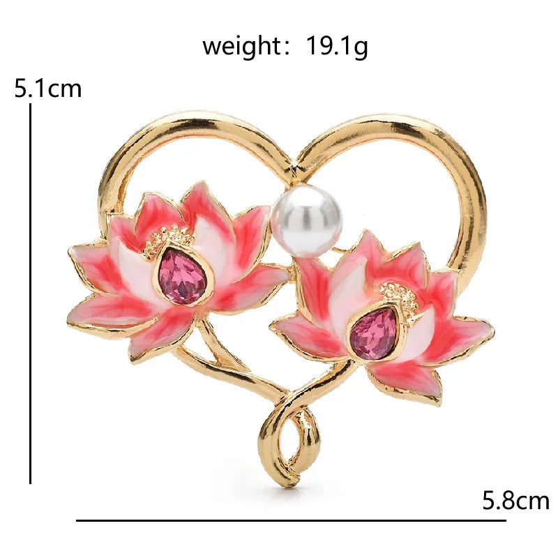 Pink Lotus Flowers in Golden Heart Brooch — dimensions