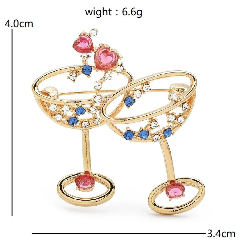 Clinking Cocktail Glasses with Hearts Brooch