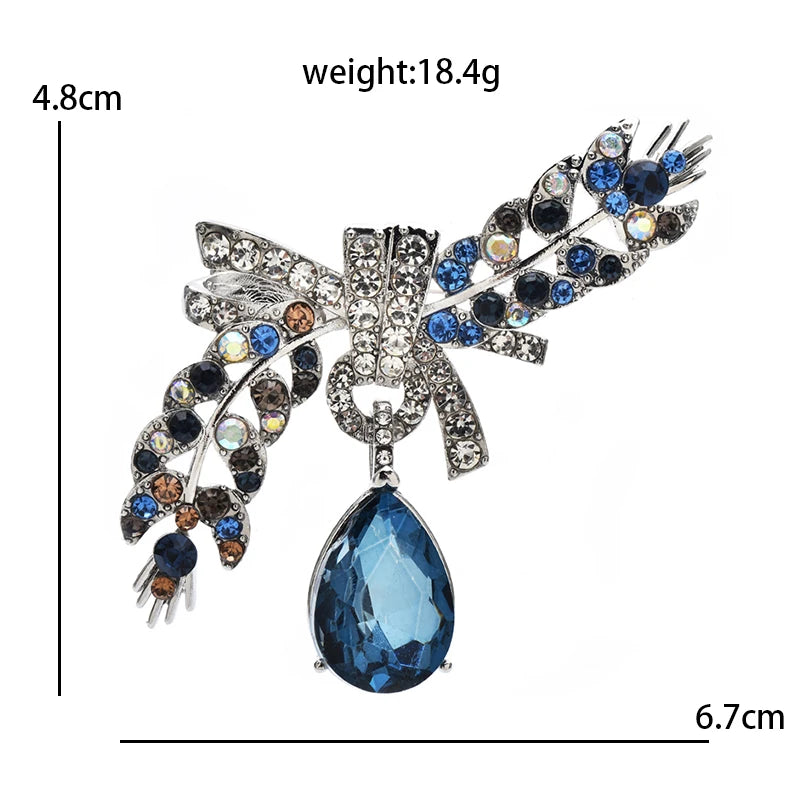 Jeweled Wheat Spray with Bow and Drop Brooch — dimensions