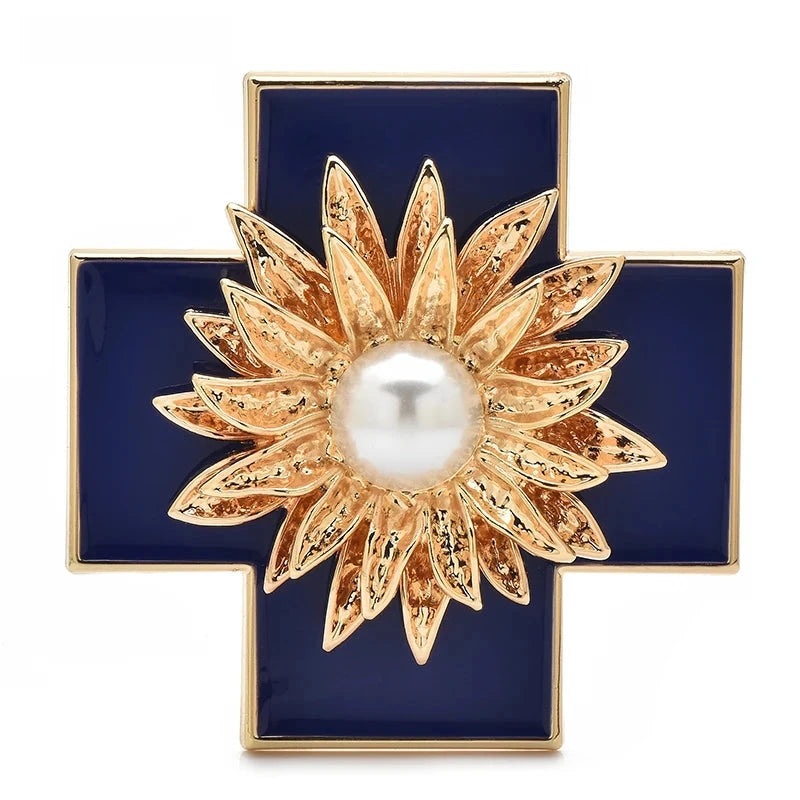 Baroque Enamel Cross with Pearl-Look Flower Brooch — Blue