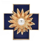 Baroque Enamel Cross with Pearl-Look Flower Brooch — Blue