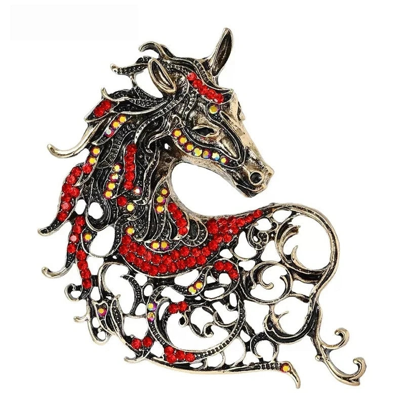 Vintage-Style Openwork Horse with Rhinestones Brooch — Red