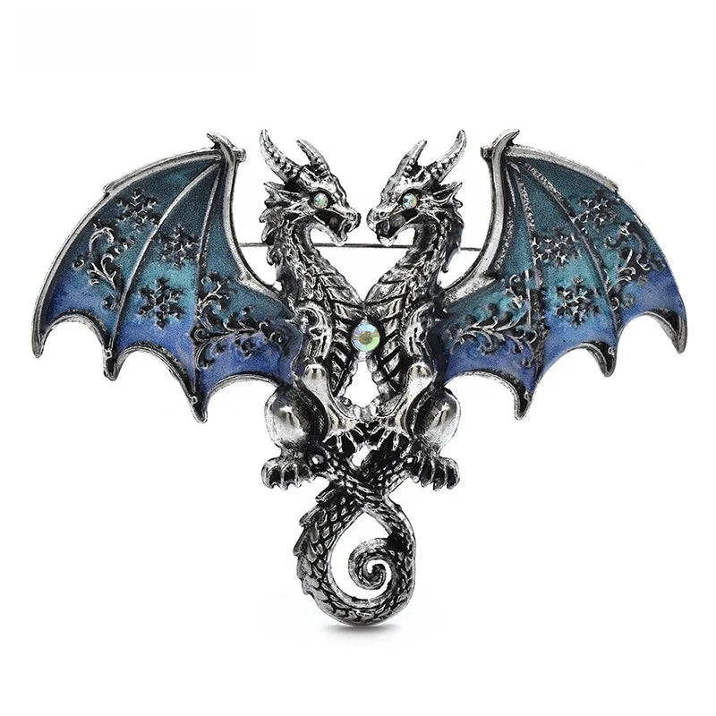 Enamel Twin Dragons with Patterned Wings Brooch — Blue
