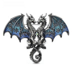 Enamel Twin Dragons with Patterned Wings Brooch — Blue