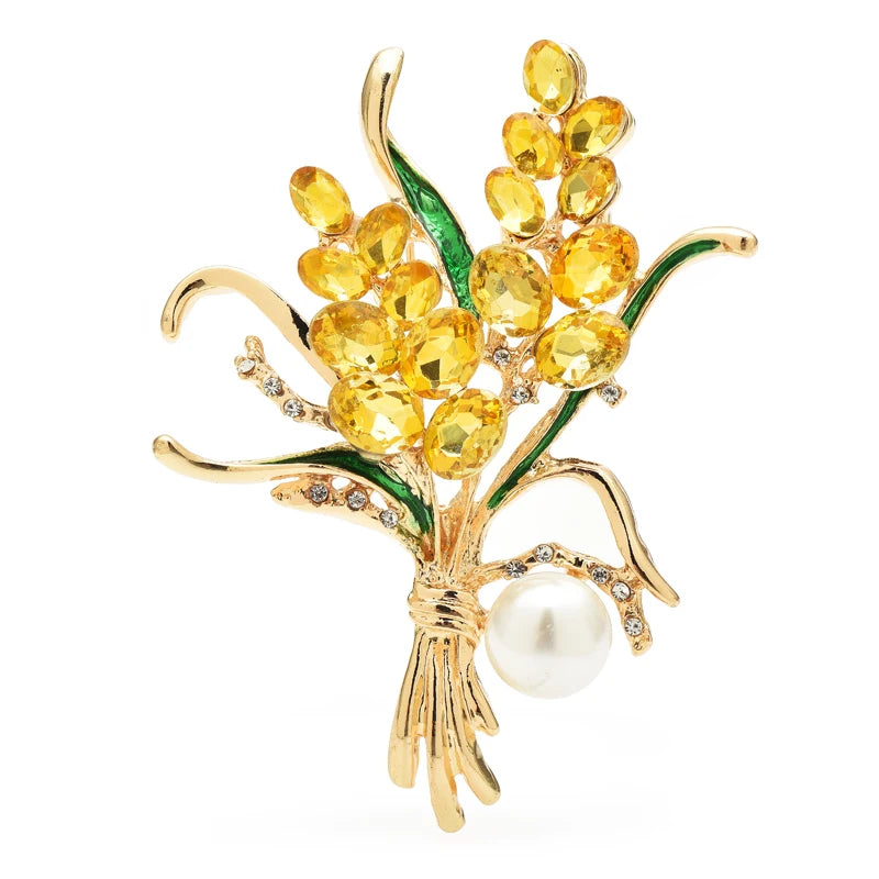 Jeweled Wheat Bouquet with Pearl-Look Drop Brooch — Yellow