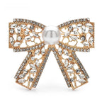 Vintage-Style Rhinestone Bow with Pearl-Look Center Brooch — Gold
