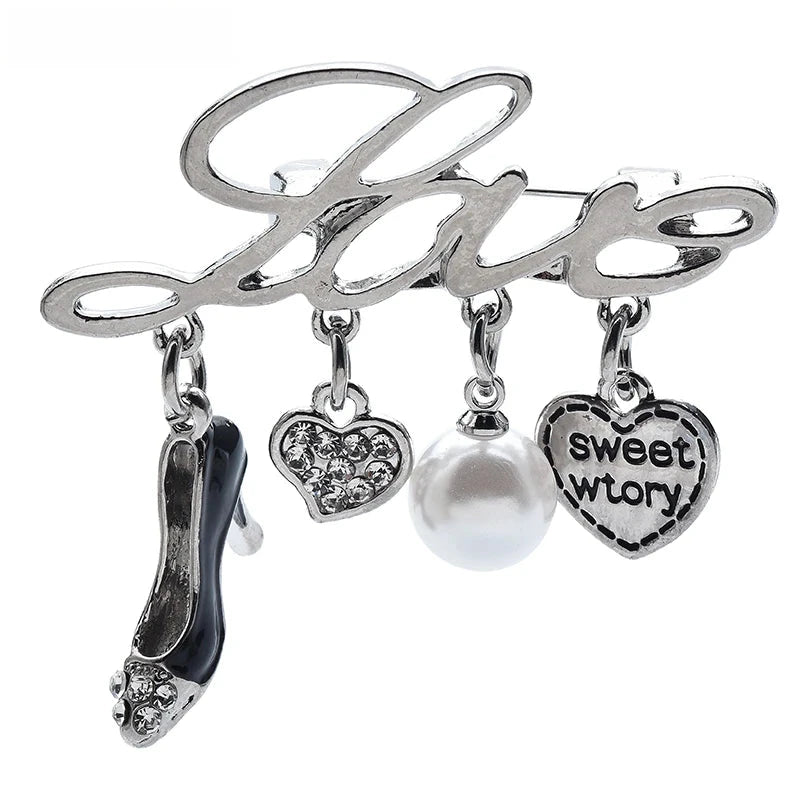 Love Script with High-Heel and Heart Charms Brooch — Love & Charm Dangles