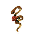 Jeweled Coiled Snake with Rose Flowers Brooch — Brown & Red Roses
