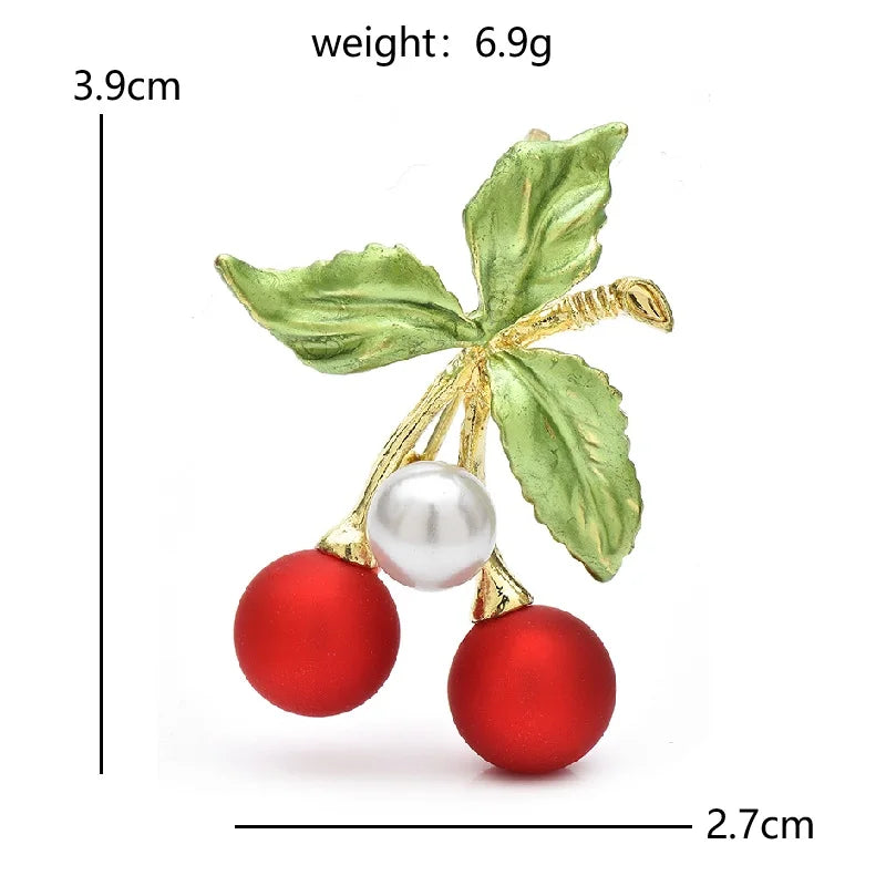 Red Cherry Pair with Pearl-Look Accent Brooch — dimensions