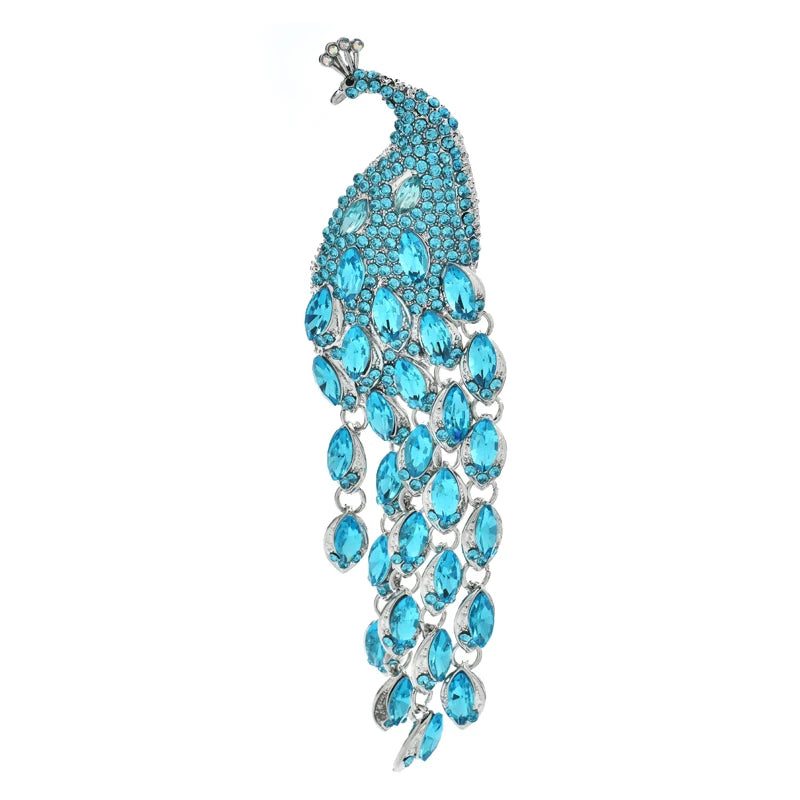 Cascading Crystal-Look Peacock Brooch