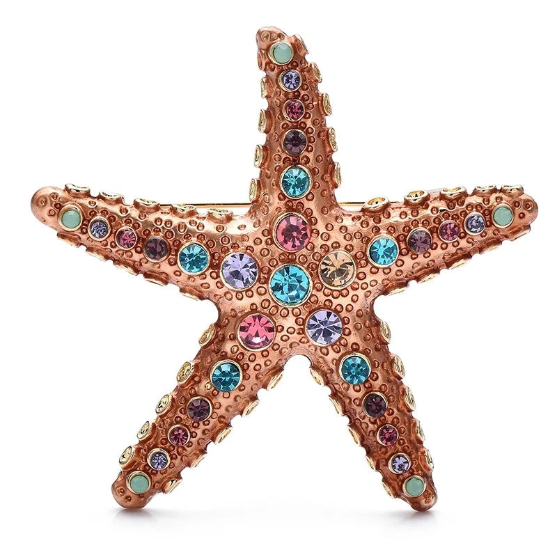 Rhinestone Starfish with Faceted Accents Brooch — Brown