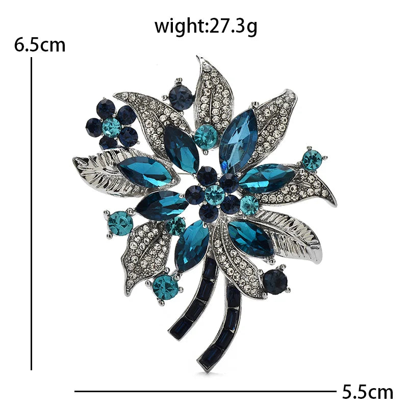 Jeweled Flower Spray with Textured Leaves Brooch — dimensions