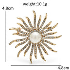 Rhinestone Sunburst with Pearl-Look Center Brooch — dimensions